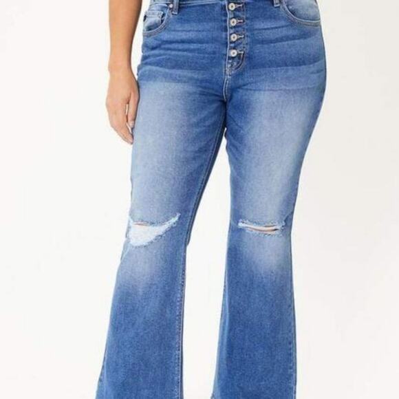 Kancan Flirting With A Stranger Plus Size Denim Distressed Flare Button Jeans - Picture 9 of 16